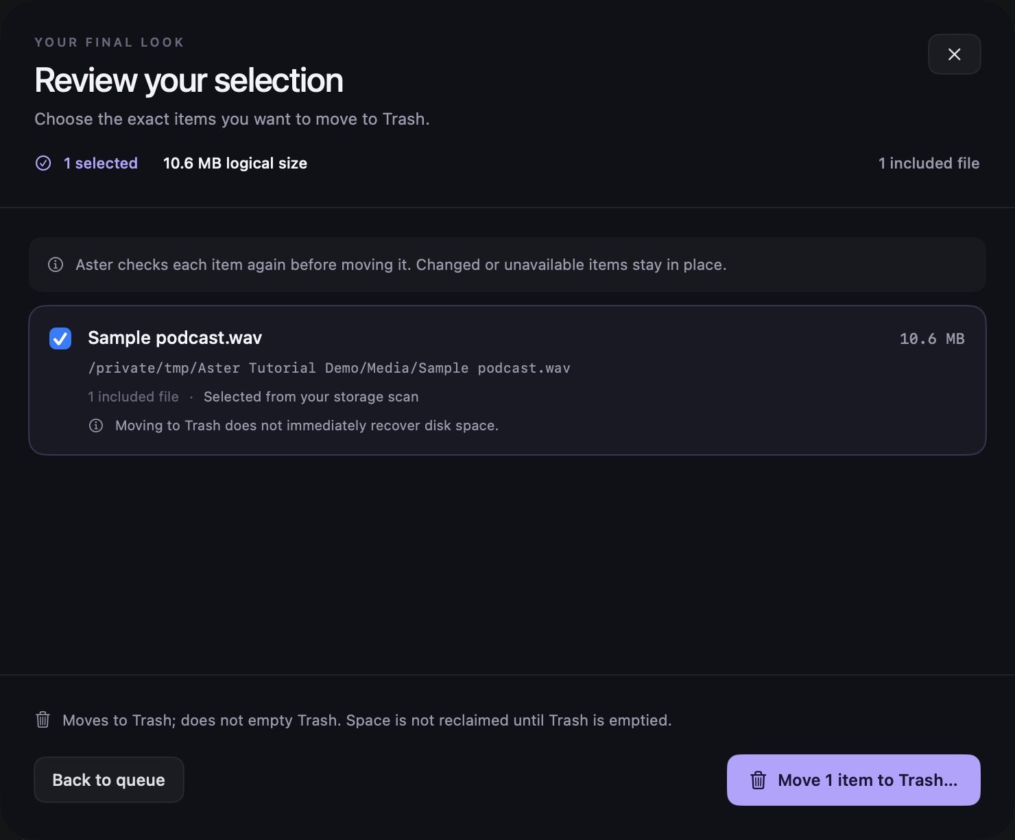 Aster cleanup review showing one selected sample file, its exact path, a Back to queue control and a Move 1 item to Trash button.