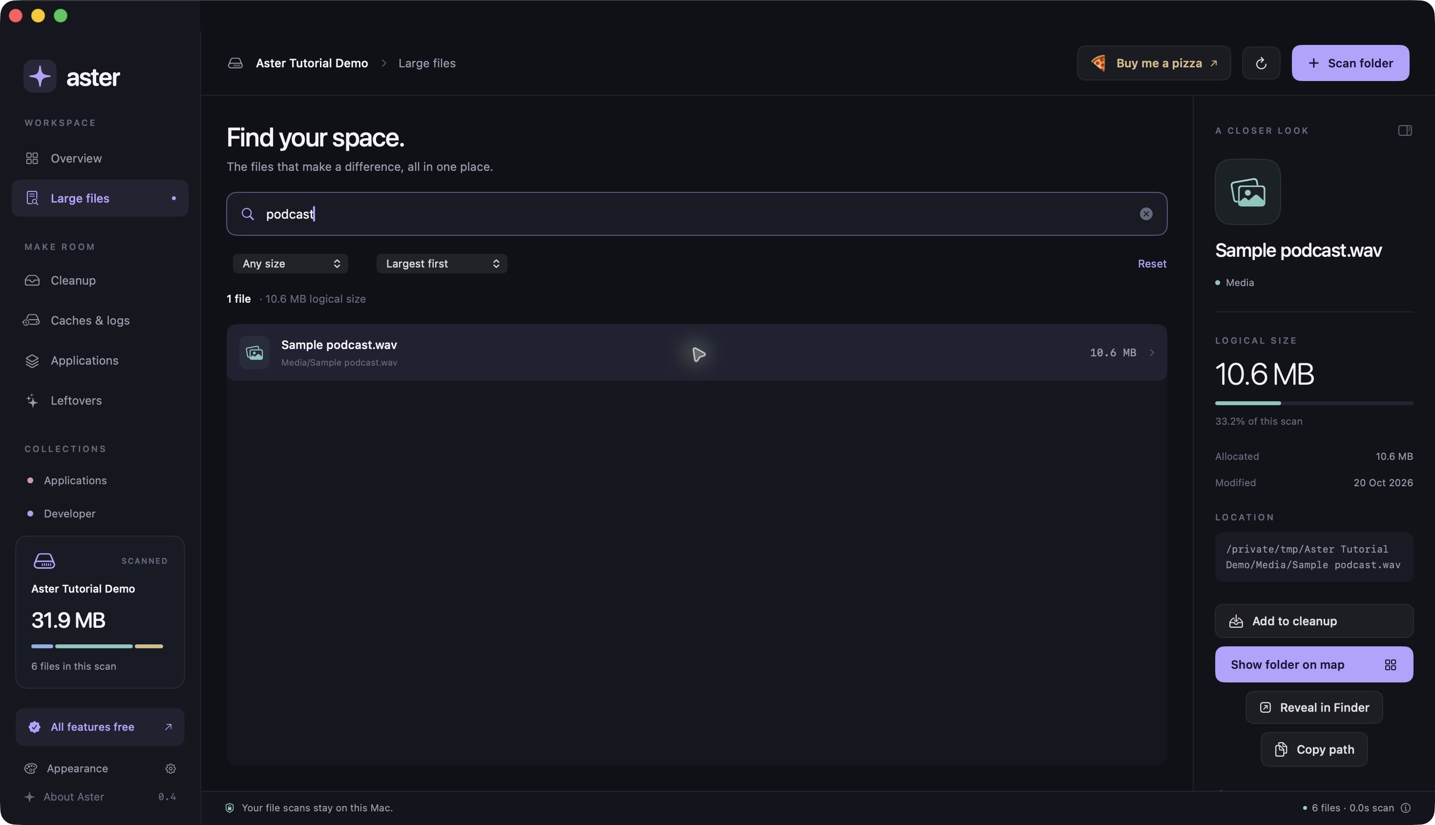 Aster searching for podcast in a sample folder, with Sample podcast.wav selected and its full path and Add to cleanup button visible.